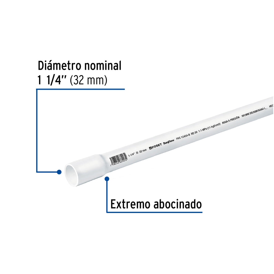 Tubo de 3 m de PVC de 1-1/4' hidráulico RD 26, Foset Caja con 5, 40084