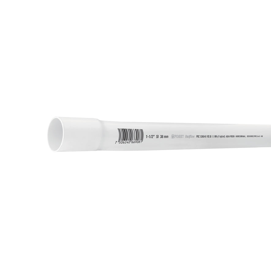 Tubo de 3 m de PVC de 1-1/2' hidráulico RD 26, Foset Caja con 5, 40085