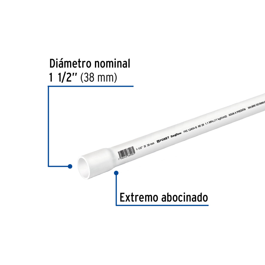 Tubo de 3 m de PVC de 1-1/2' hidráulico RD 26, Foset Caja con 5, 40085
