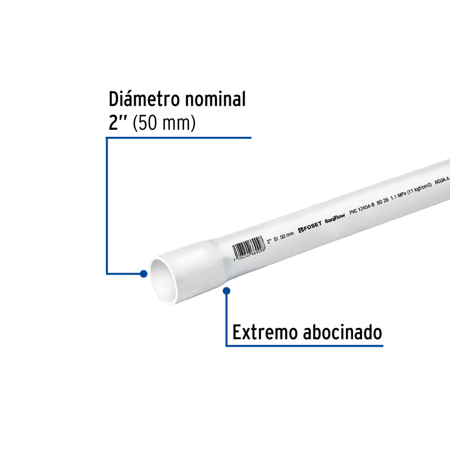 Tubo de 3 m de PVC de 2' hidráulico RD 26, Foset Caja con 5, 40086
