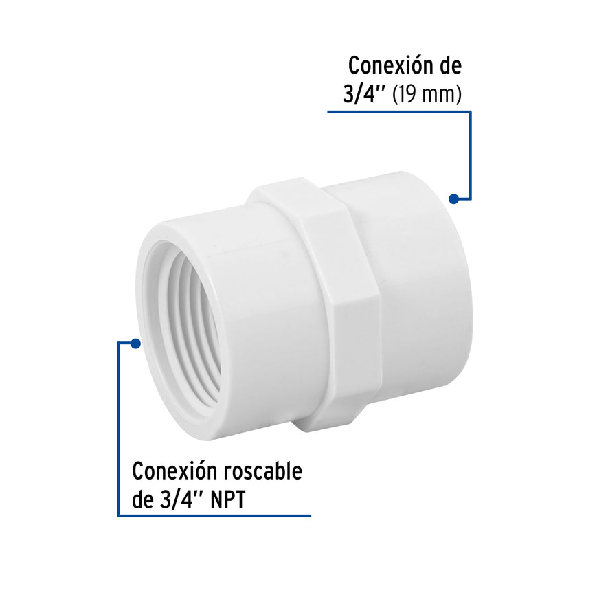 Adaptador hembra de PVC 3/4', Foset Caja con 10, 45433
