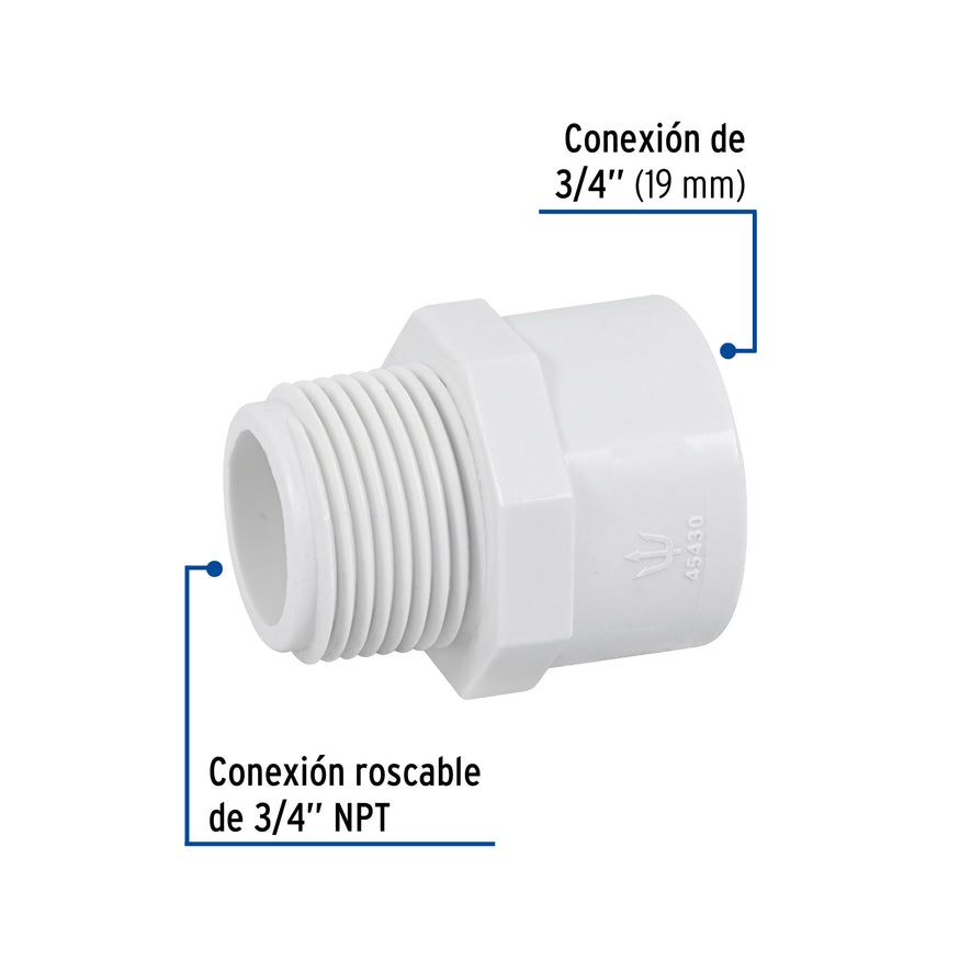 Adaptador macho de PVC de 3/4', Foset Caja con 10, 45430