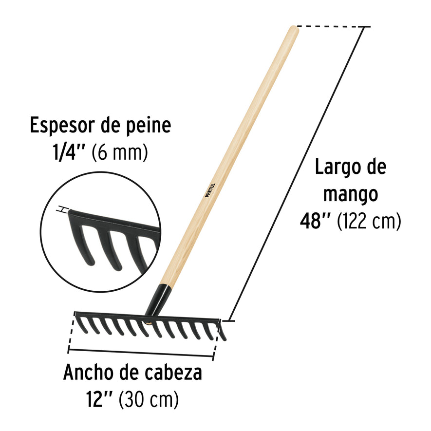Rastrillo recto de 12 dientes, mango de 48', Pretul Caja con 3, 22697