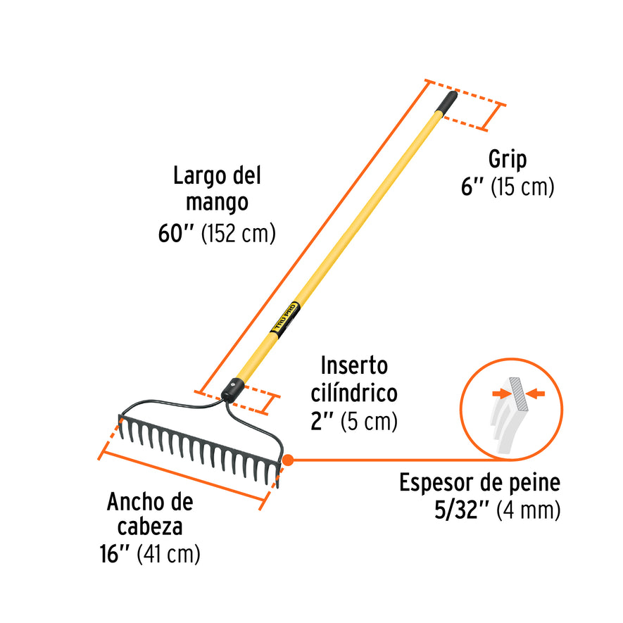 Rastrillo jardinero, 16 dientes, mango 60' fibra de vidrio Caja con 3, 17885