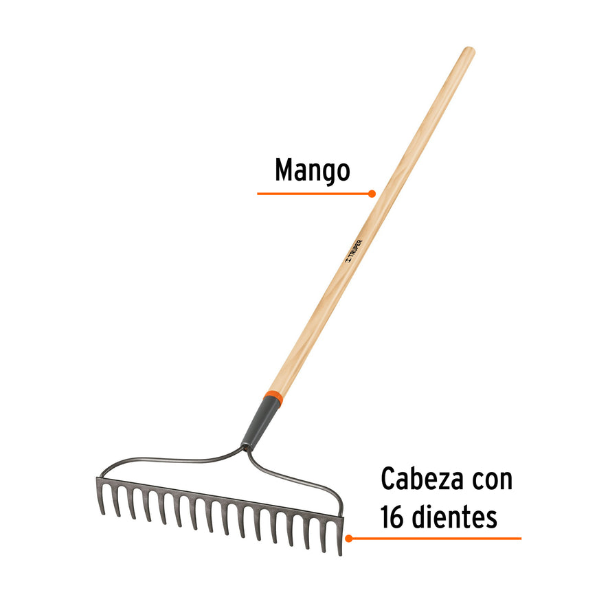 Rastrillo jardinero Classic, 16 dientes, mango 54', Truper Caja con 3, 17882