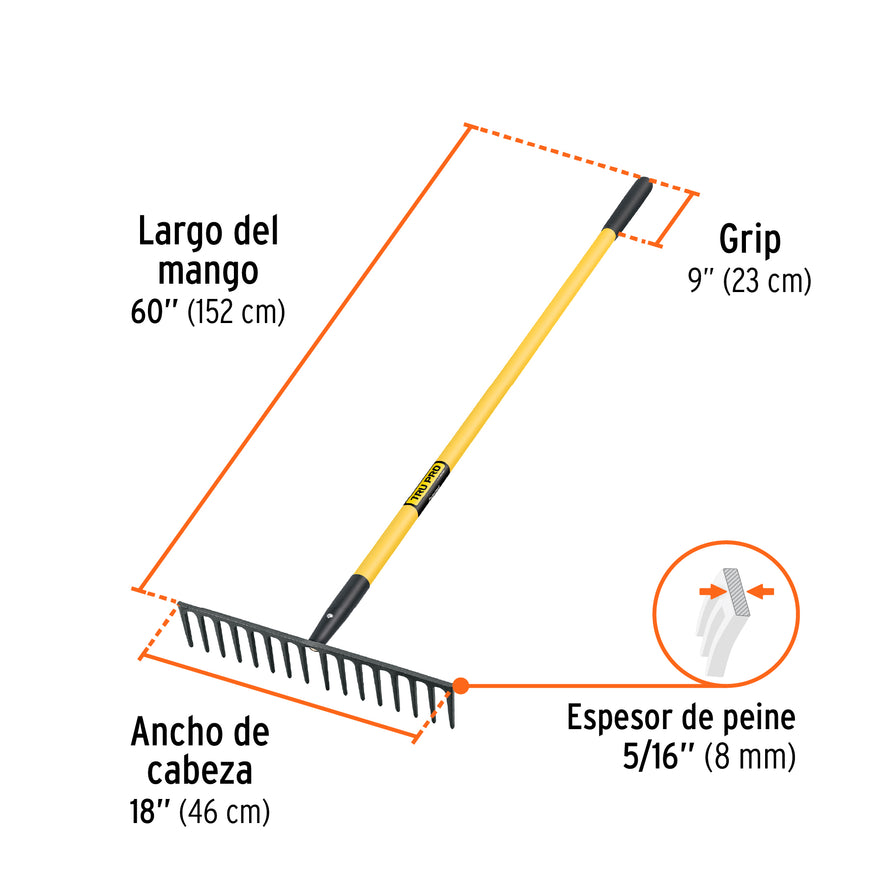 Rastrillo recto reforzado 16 dientes, mgo fibra d/vidrio 60' Caja con 3, 17894