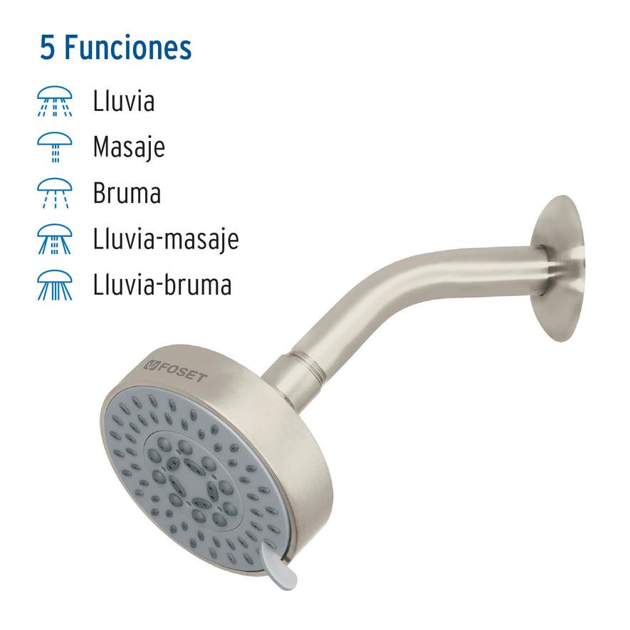 Regadera satín 4'con 5 funciones, con brazo, Foset Element, 45168