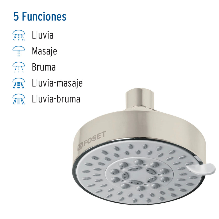 Regadera satín 4'con 5 funciones, sin brazo, Foset Element Caja con 2, 45170