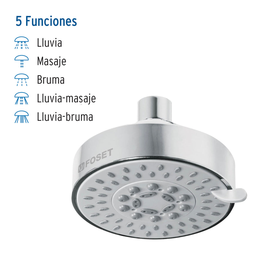 Regadera cromo 4'con 5 funciones, sin brazo, Foset Element Caja con 2, 45169