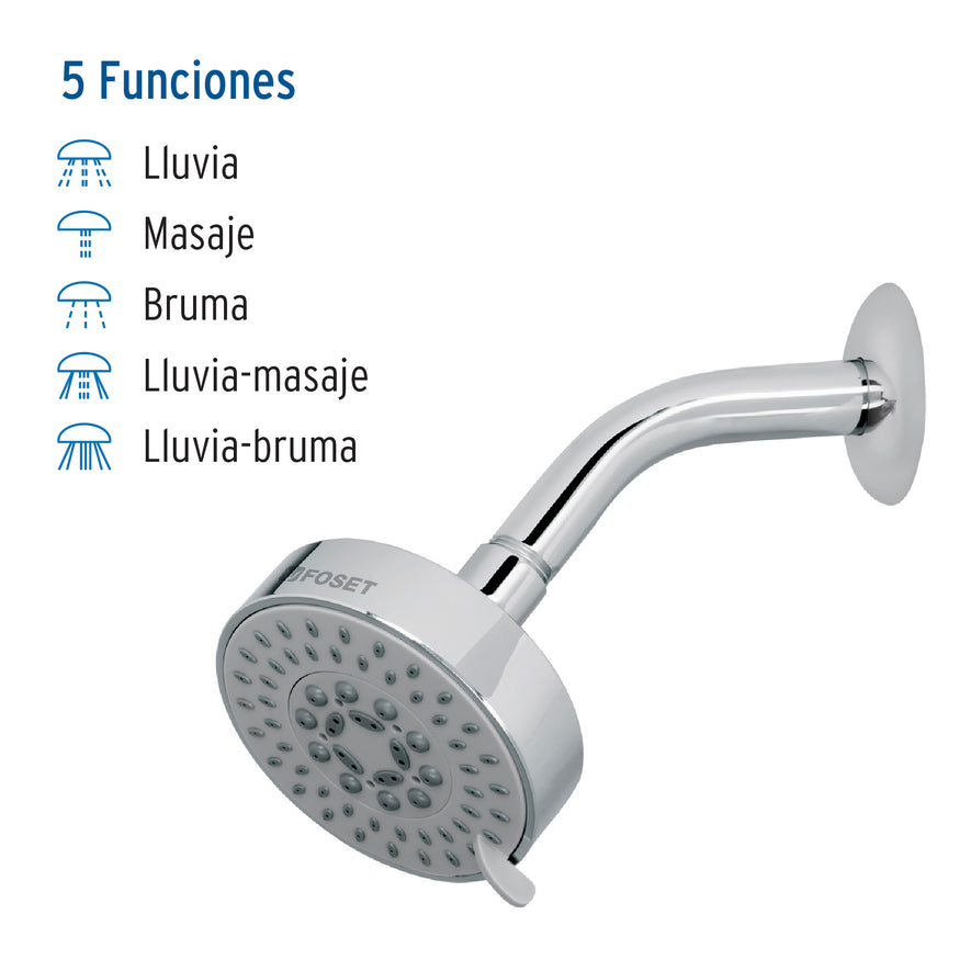 Regadera cromo 4'con 5 funciones, con brazo, Foset Element Caja con 2, 45167