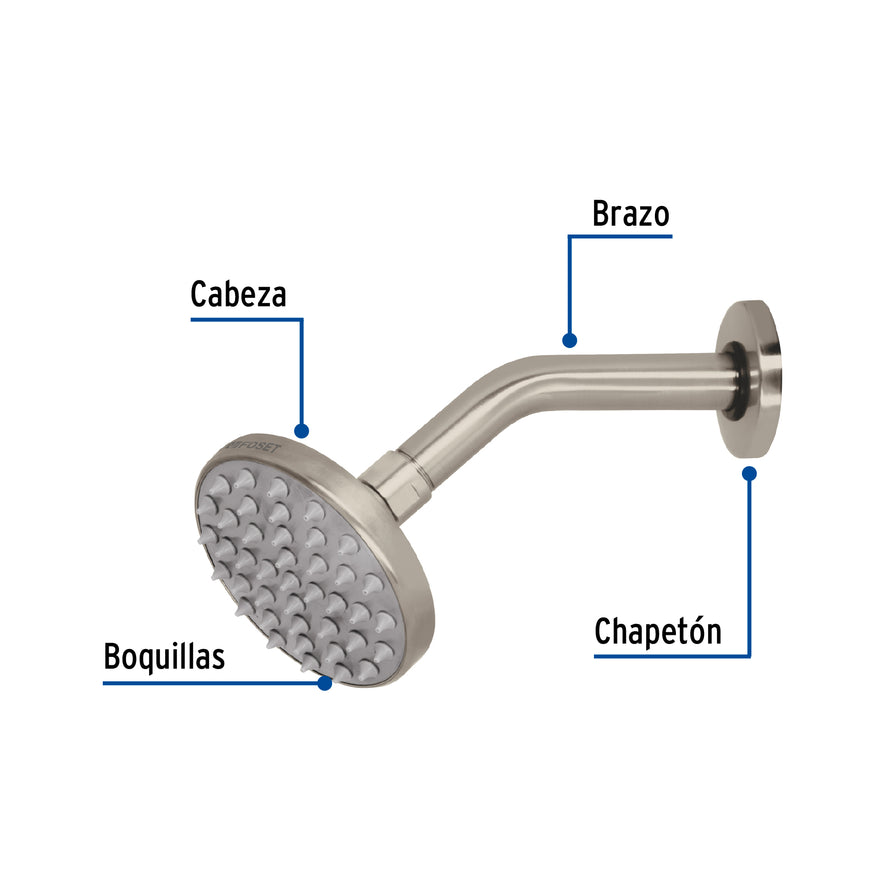 Regadera satín 4' plato redondo, con brazo, Foset Element, 45575