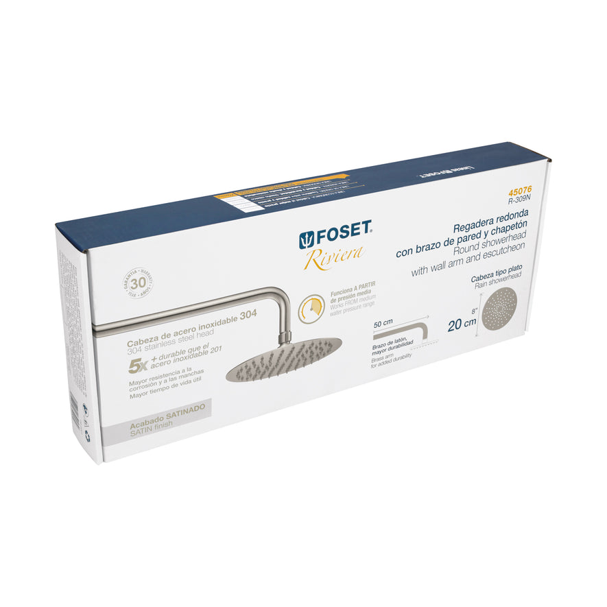 Regadera satín 8' plato redondo delgado con brazo, Riviera, 45076
