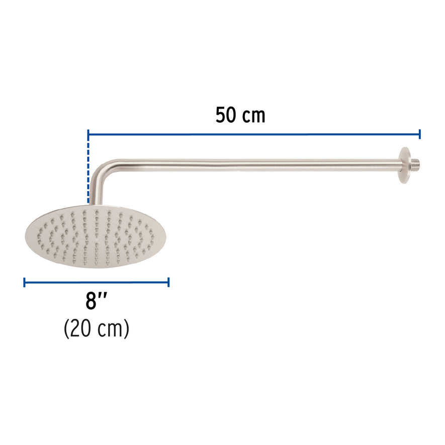Regadera satín 8' plato redondo delgado con brazo, Riviera, 45076