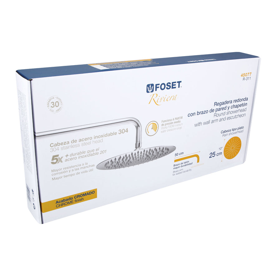 Regadera cromo 10' plato redondo delgado con brazo, Riviera, 45077