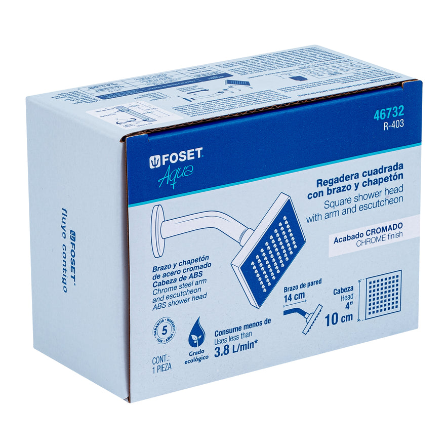 Regadera cuadrada ABS 4' acabado cromo con brazo, Foset Caja con 4, 46732