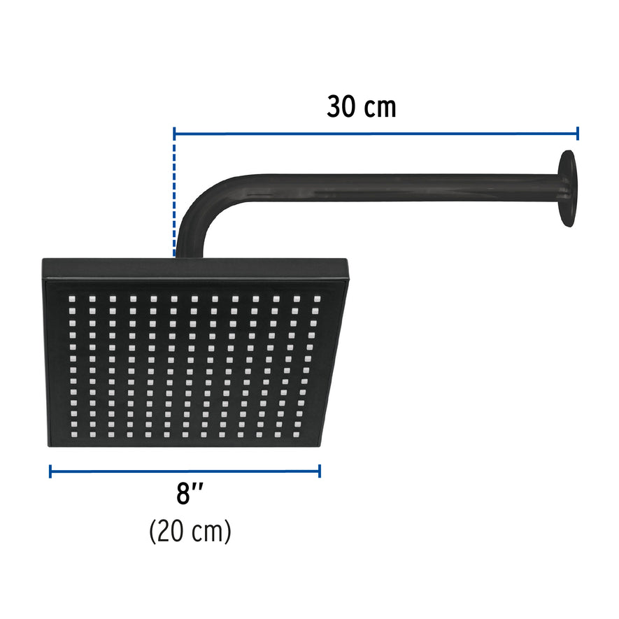 Regadera cuadrada ABS 8' acabado negro mate con brazo, Foset Caja con 3, 46748