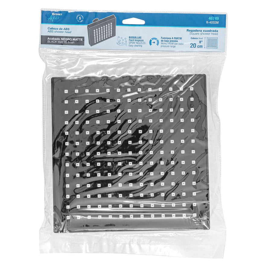 Regadera cuadrada ABS 8' acabado negro mate sin brazo, Foset Caja con 3, 46749