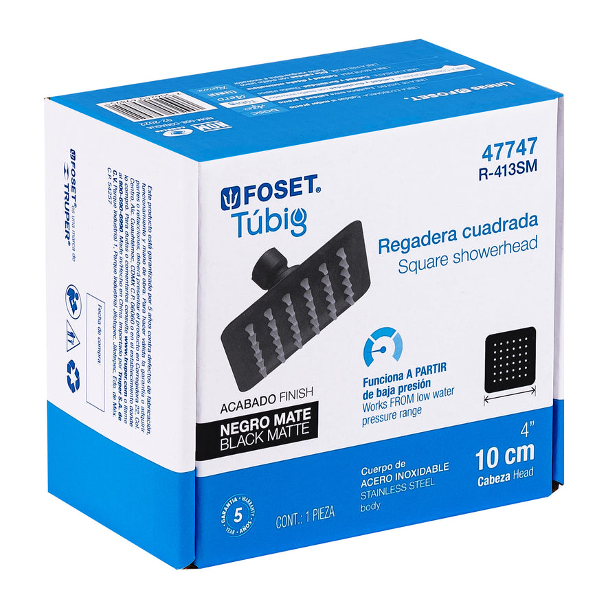 Regadera cuadrada 4', acero inox, sin brazo, negro, Tubig Caja con 2, 47747
