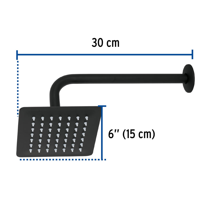 Regadera cuadrada 6', acero inox, con brazo, negro, Túbig Caja con 2, 47748