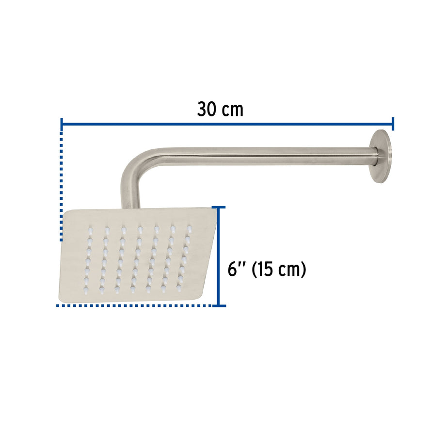 Regadera cuadrada 6', acero inox, con brazo, satín, Túbig Caja con 2, 47742