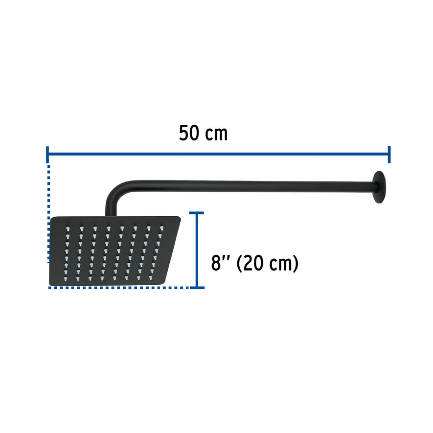 Regadera cuadrada 8', acero inox, con brazo, negro, Túbig, 47750