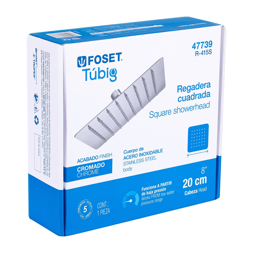 Regadera cuadrada 8', acero inox, sin brazo, cromo, Túbig Caja con 2, 47739