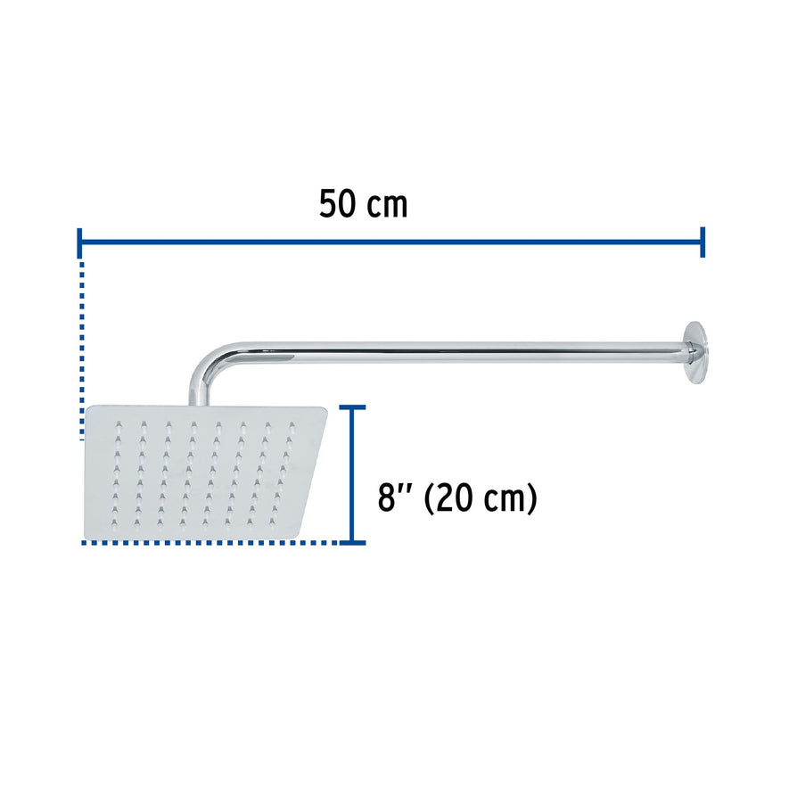 Regadera cuadrada 8', acero inox, con brazo, cromo, Túbig Caja con 2, 47738