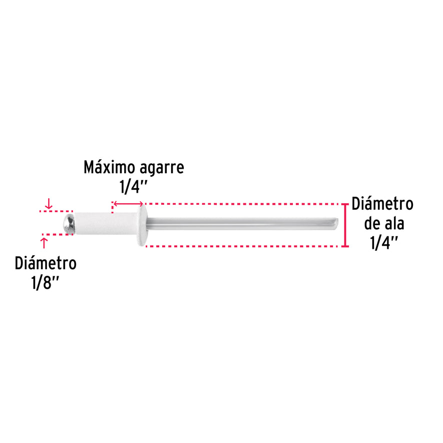 Bolsa c/50 remaches 1/8'x1/4' blancos de aluminio, ala 1/4' Caja con 10, 46571