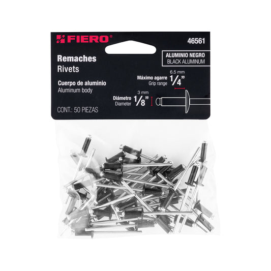 Bolsa c/50 remaches 1/8'x1/4' negros de aluminio, ala 1/4' Caja con 10, 46561