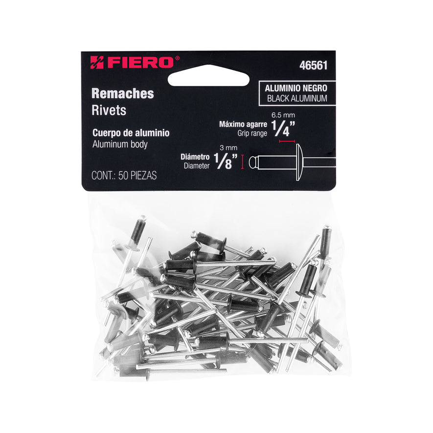 Bolsa c/50 remaches 1/8'x1/4' negros de aluminio, ala 1/4' Caja con 10, 46561