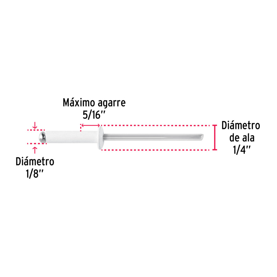Bolsa c/50 remaches 1/8'x5/16' blancos de aluminio, ala 1/4' Caja con 10, 46572