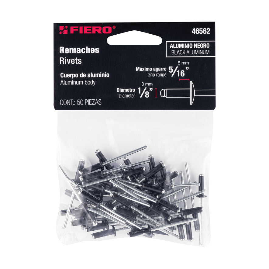 Bolsa c/50 remaches 1/8'x5/16' negros de aluminio, ala 1/4' Caja con 10, 46562