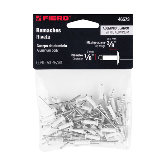 Bolsa c/50 remaches 1/8'x3/8' blancos de aluminio, ala 1/4' Caja con 10, 46573