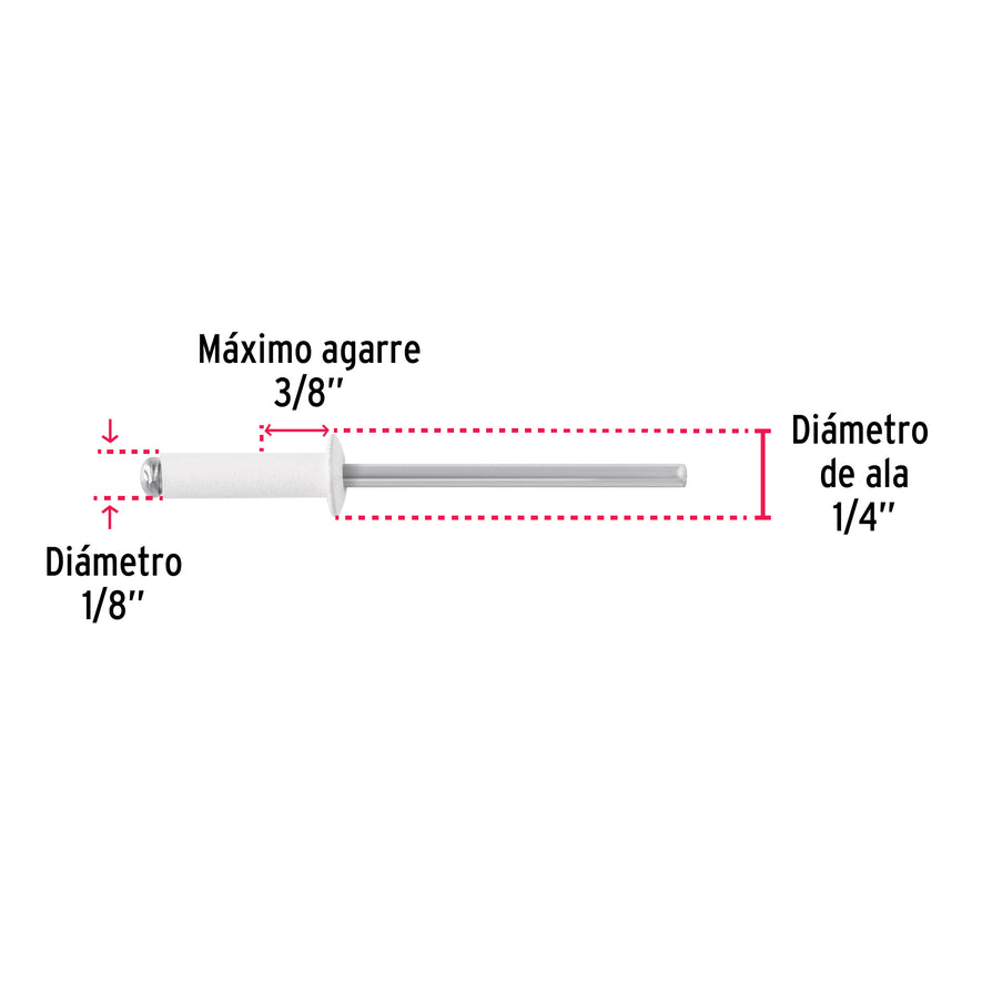 Bolsa c/50 remaches 1/8'x3/8' blancos de aluminio, ala 1/4' Caja con 10, 46573