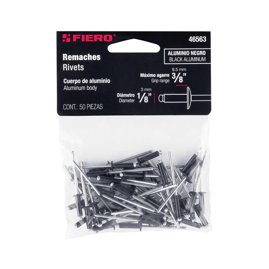 Bolsa c/50 remaches 1/8'x3/8' negros de aluminio, ala 1/4' Caja con 10, 46563