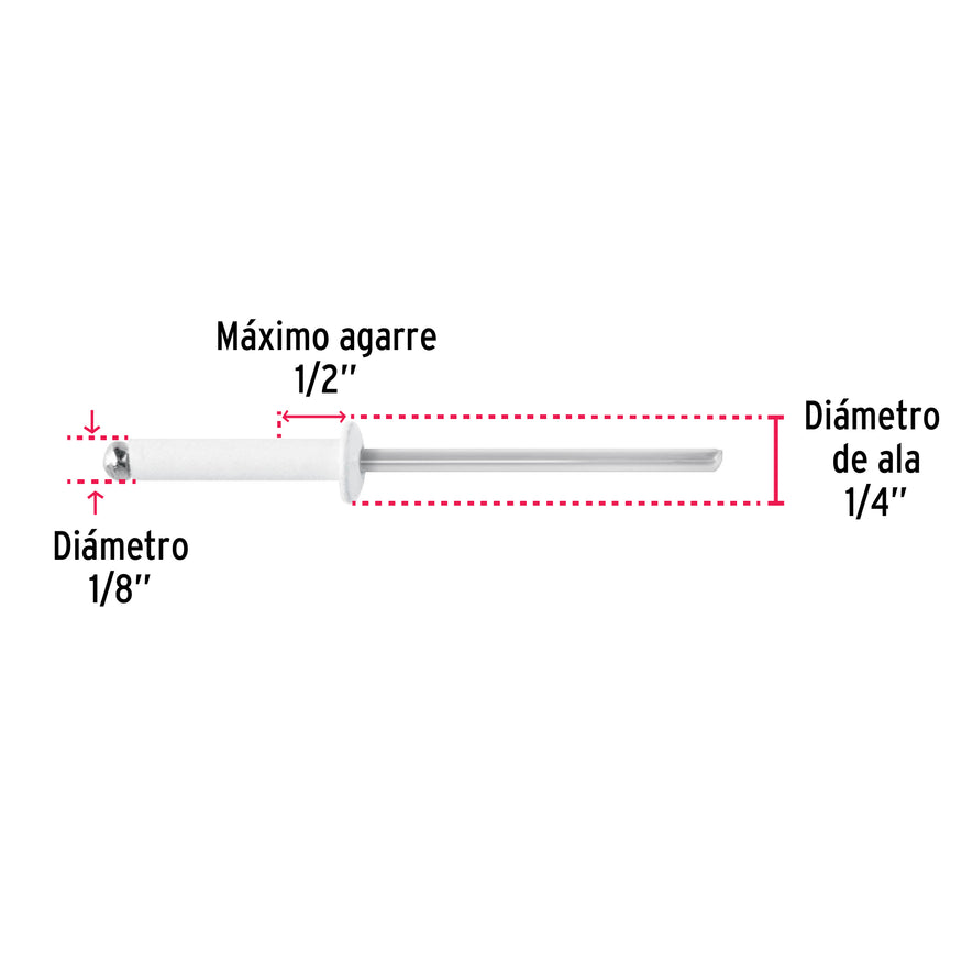 Bolsa c/50 remaches 1/8'x1/2' blancos de aluminio, ala 1/4' Caja con 10, 46574