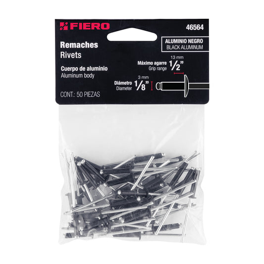 Bolsa c/50 remaches 1/8'x1/2' negros de aluminio, ala 1/4' Caja con 10, 46564