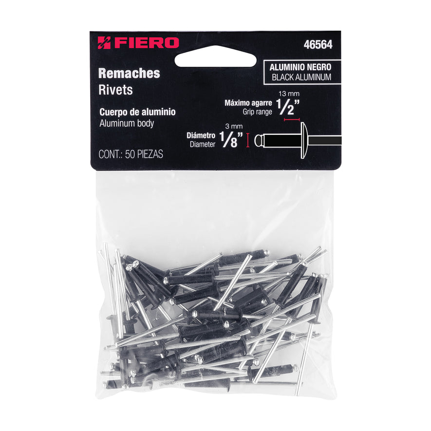 Bolsa c/50 remaches 1/8'x1/2' negros de aluminio, ala 1/4' Caja con 10, 46564
