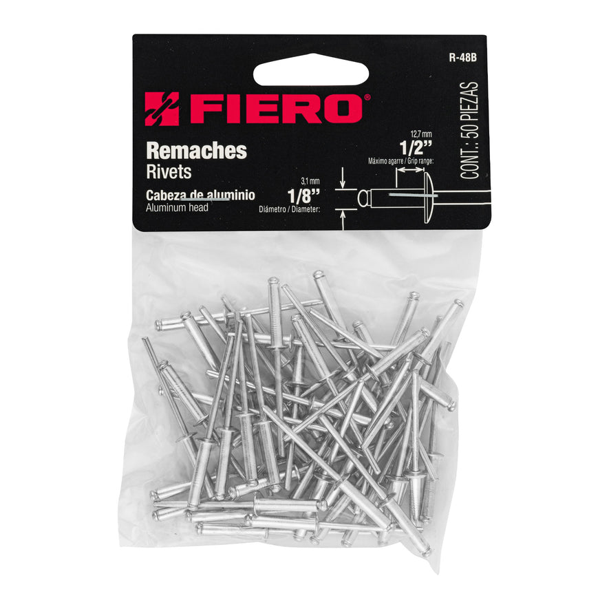 Bolsa con 50 remaches 1/8' x 1/2' de aluminio, ala 1/4 Caja con 10, 44523