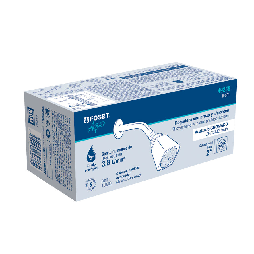 Regadera cuadrada 2' brazo y chapetón de acero, Foset Aqua Caja con 2, 49248