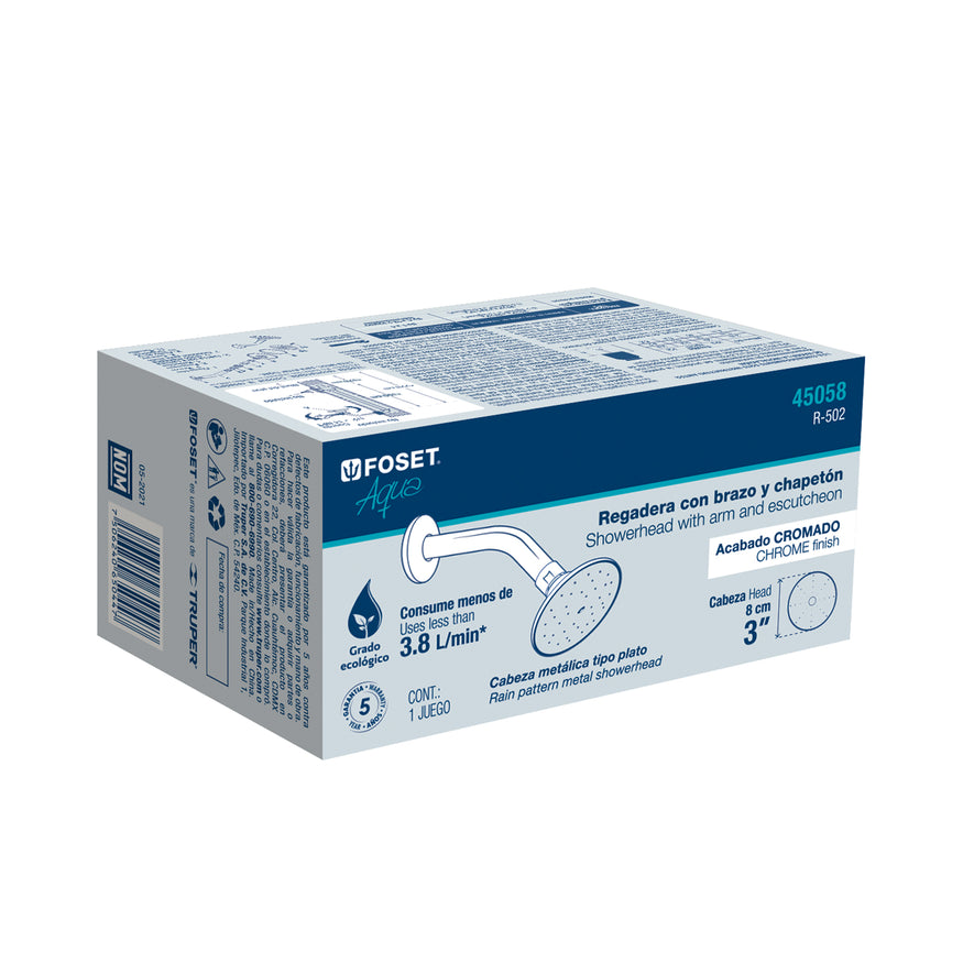 Regadera redonda 3' brazo y chapetón de acero, Foset Aqua Caja con 2, 45058