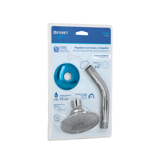 Regadera redonda 3-1/2', brazo y chapetón en blíster, Aqua Caja con 2, 49284