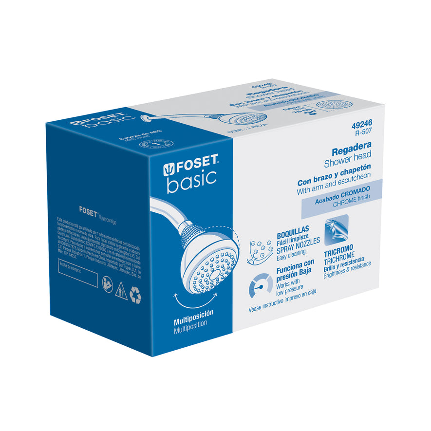 Regadera redonda 3' brazo y chapetón de acero, Foset Basic Caja con 2, 49246