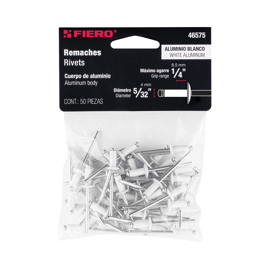 Bolsa c/50 remaches 5/32'x1/4' blancos aluminio, ala 5/16' Caja con 10, 46575