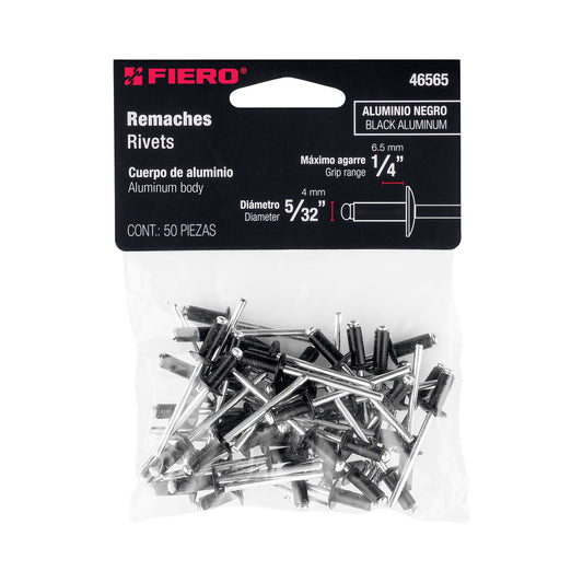 Bolsa c/50 remaches 5/32'x1/4' negros de aluminio, ala 5/16' Caja con 10, 46565