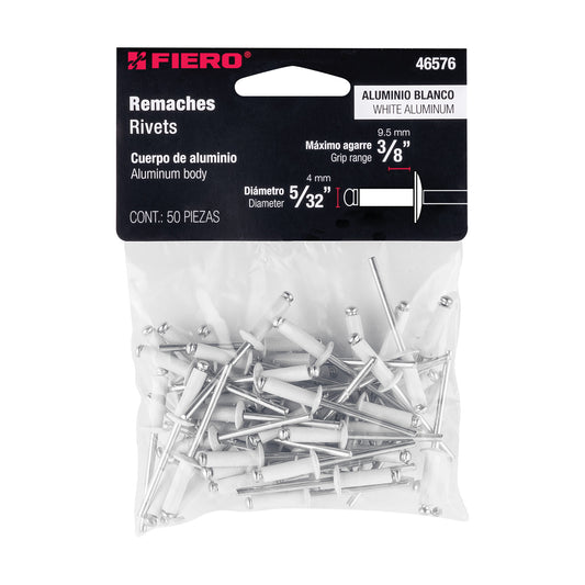 Bolsa c/50 remaches 5/32'x3/8' blancos aluminio, ala 5/16' Caja con 10, 46576