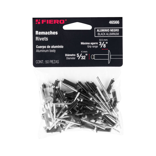 Bolsa c/50 remaches 5/32'x3/8' negros de aluminio, ala 5/16' Caja con 10, 46566