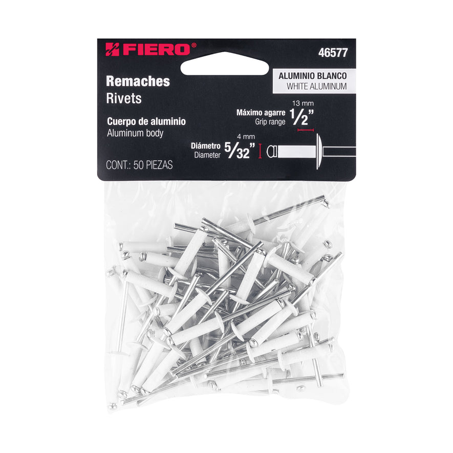 Bolsa c/50 remaches 5/32'x1/2' blancos aluminio, ala 5/16' Caja con 10, 46577