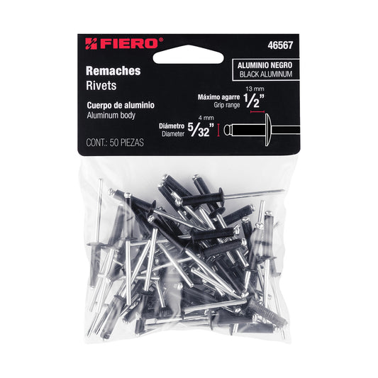 Bolsa c/50 remaches 5/32'x1/2' negros de aluminio, ala 5/16' Caja con 10, 46567
