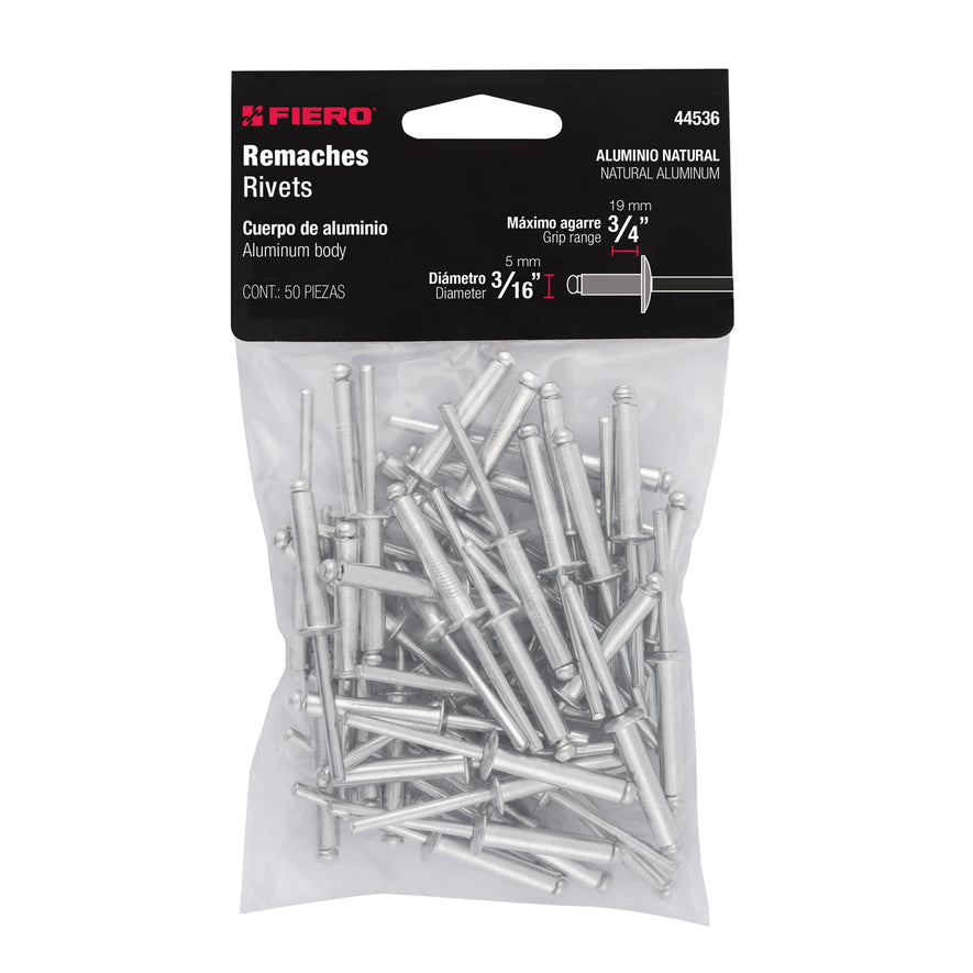 Bolsa con 50 remaches 3/16' x 3/4' de aluminio, ala 3/8' Caja con 7, 44536